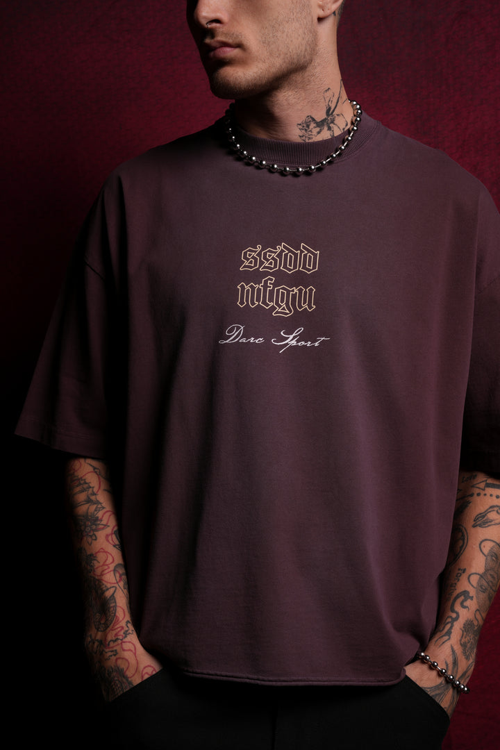 Sacred Fire Grunge Raw Hem "Box Cut" Tee in Darc Purple Spine Sun Fade
