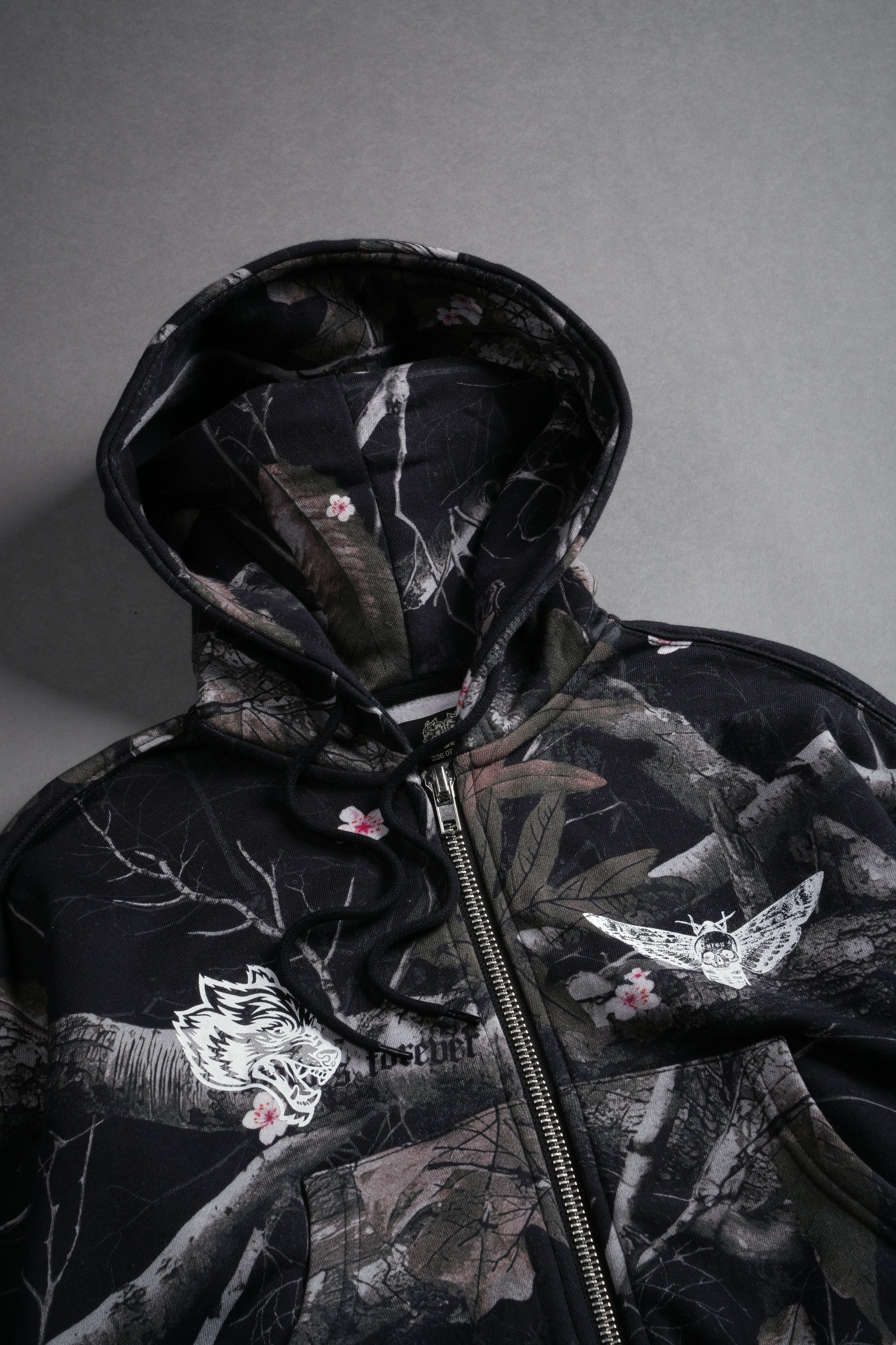 Single Wolf "Sage" Cropped Zip Hoodie in Darc Blossom Woodland Camo