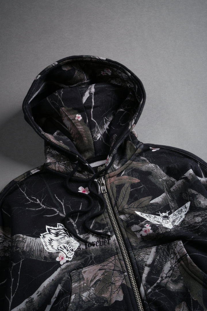 Single Wolf "Sage" Cropped Zip Hoodie in Darc Blossom Woodland Camo