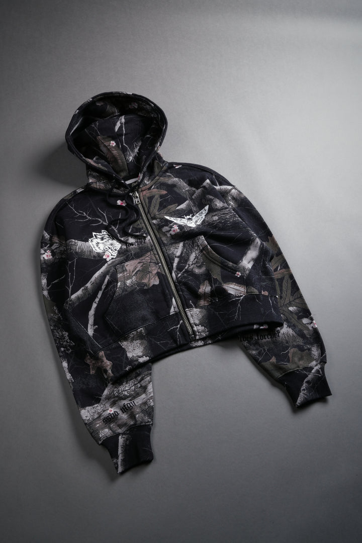 Single Wolf "Sage" Cropped Zip Hoodie in Darc Blossom Woodland Camo