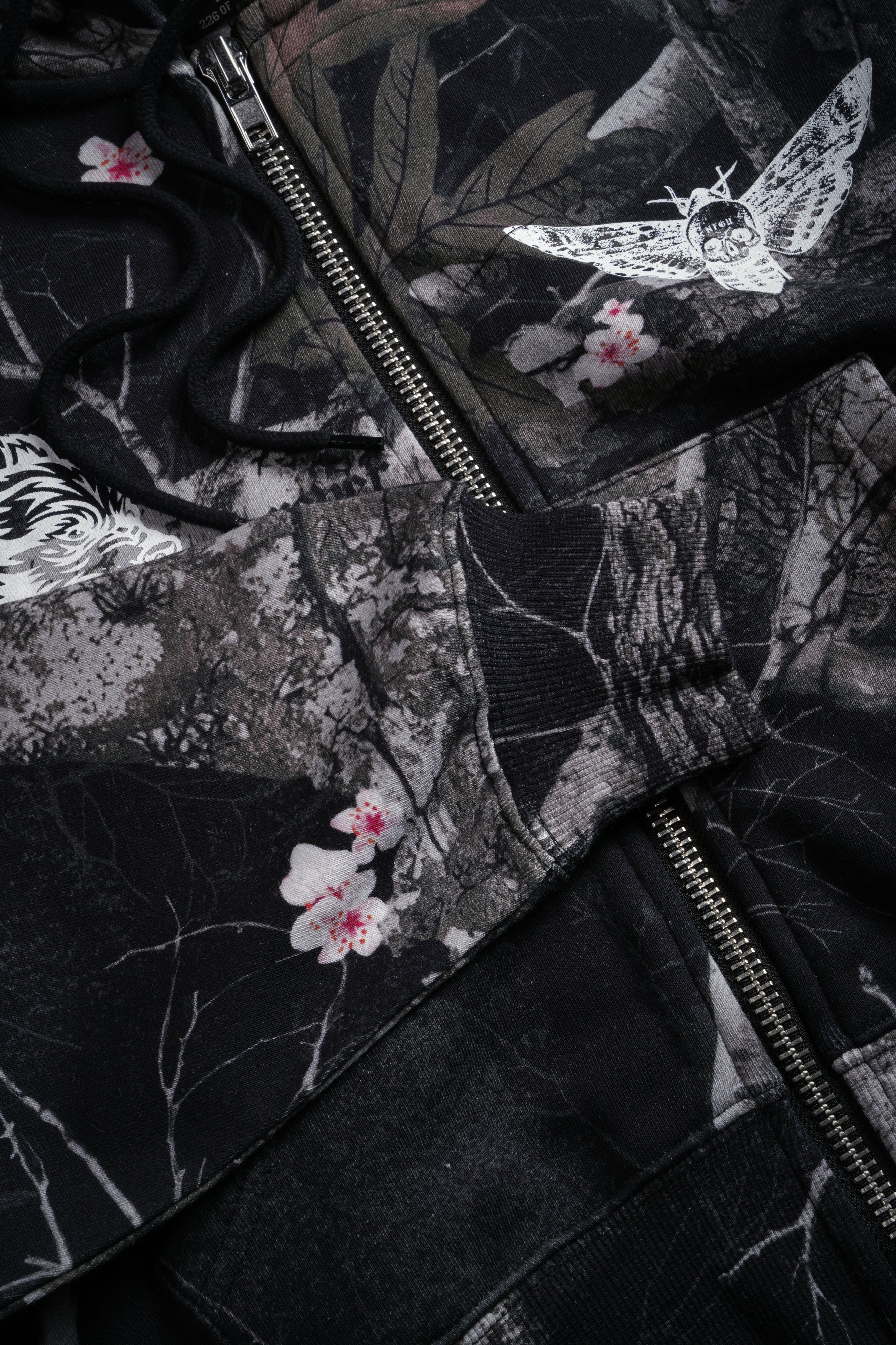 Single Wolf "Sage" Cropped Zip Hoodie in Darc Blossom Woodland Camo