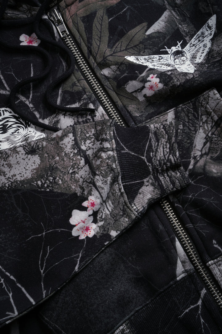 Single Wolf "Sage" Cropped Zip Hoodie in Darc Blossom Woodland Camo