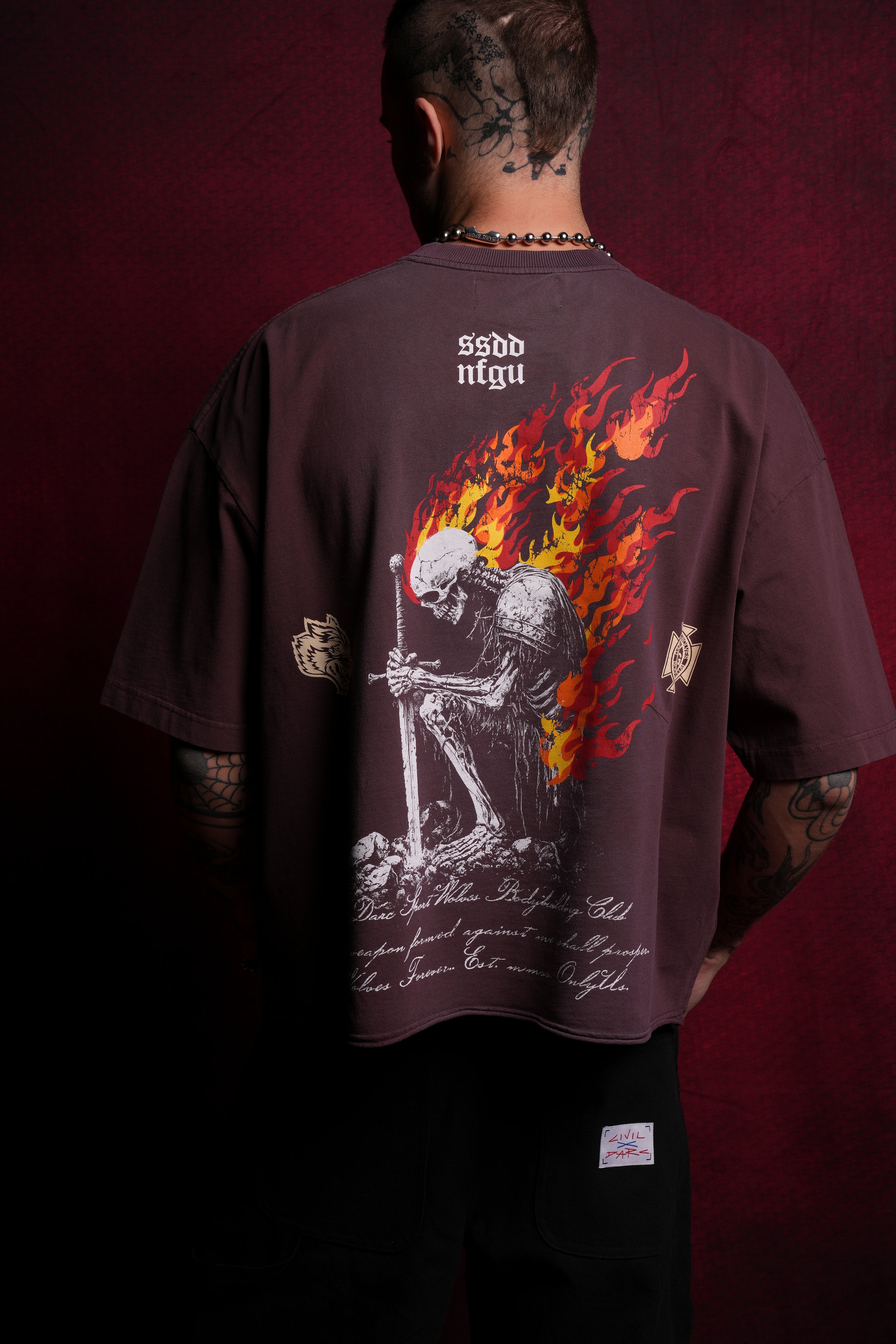 Sacred Fire Grunge Raw Hem "Box Cut" Tee in Darc Purple Spine Sun Fade