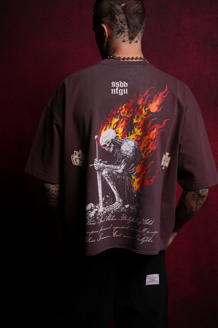 Sacred Fire Grunge Raw Hem "Box Cut" Tee in Darc Purple Spine Sun Fade