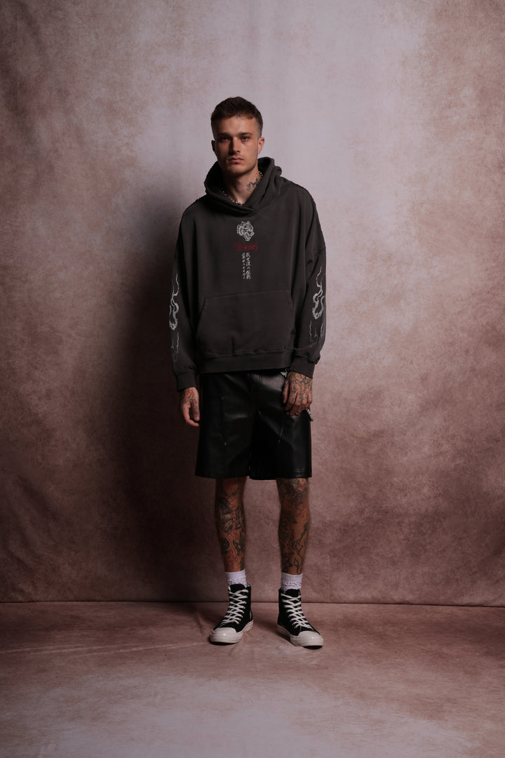 Darc Infernal Destroyed Grunge "Gage Box Cut" Hoodie in Wolf Gray Horizon Sun Fade