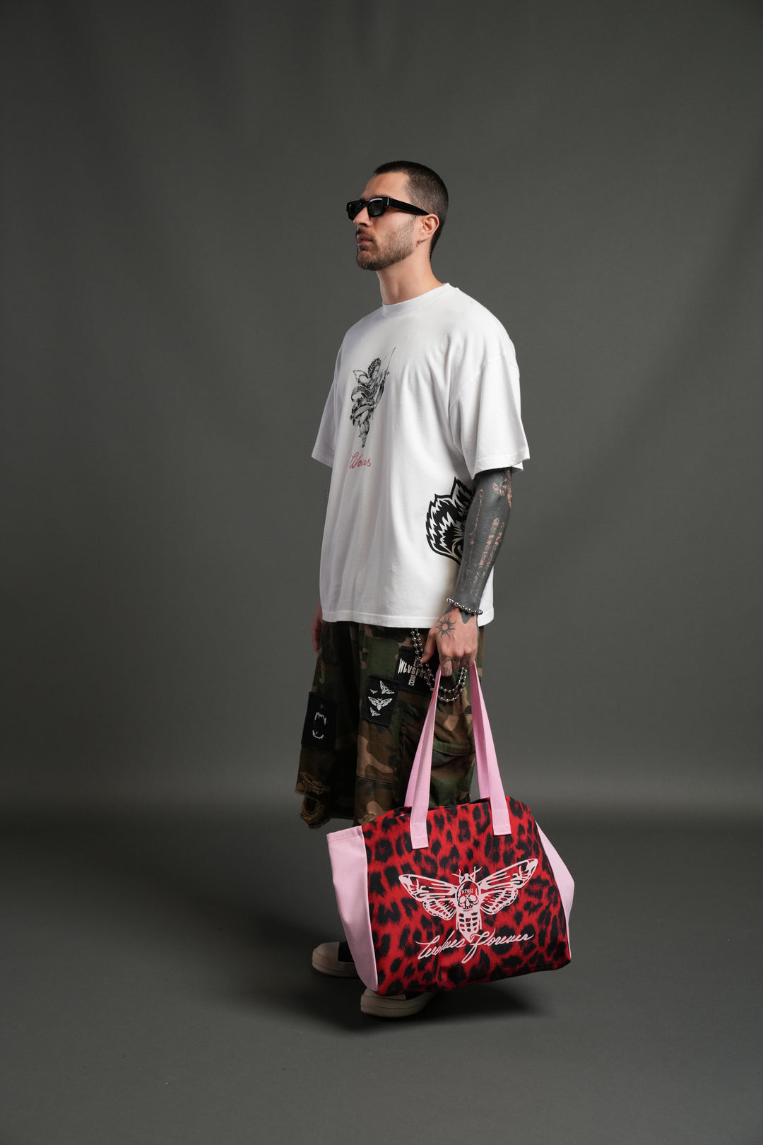 Moth Forever Canvas Tote in Red Leopard/Cloud Pink