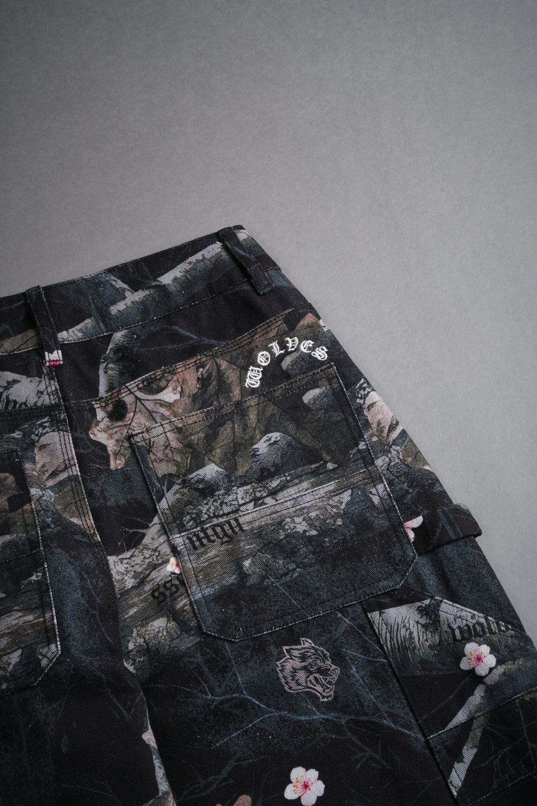 Wolf Chopper Wide Leg Carpenter Pants in Darc Blossom Woodland Camo