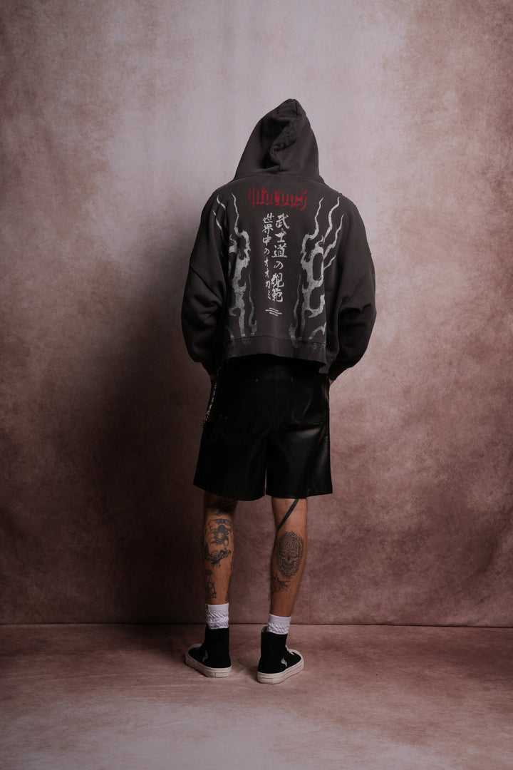 Darc Infernal Destroyed Grunge "Gage Box Cut" Hoodie in Wolf Gray Horizon Sun Fade