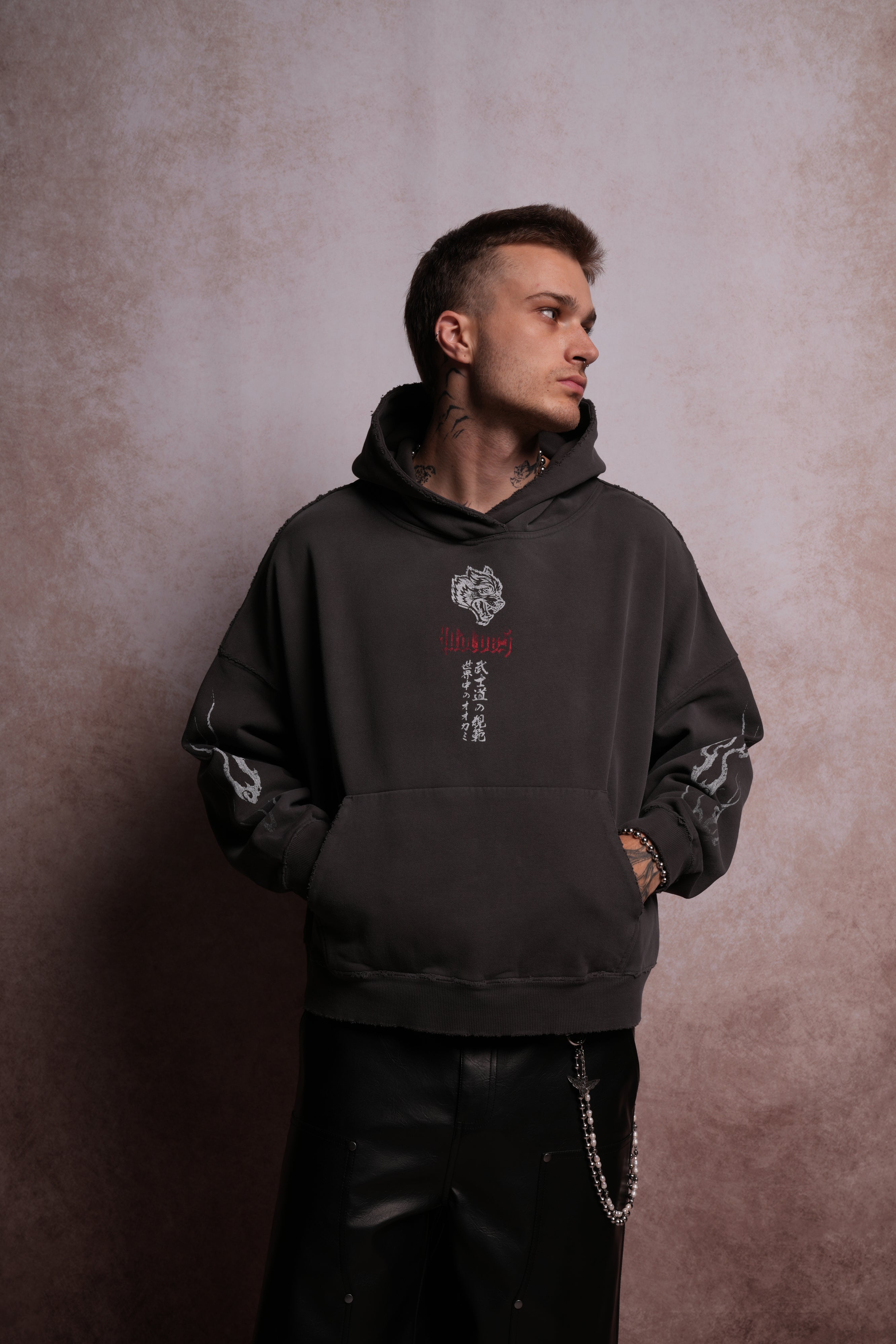 Darc Infernal Destroyed Grunge "Gage Box Cut" Hoodie in Wolf Gray Horizon Sun Fade