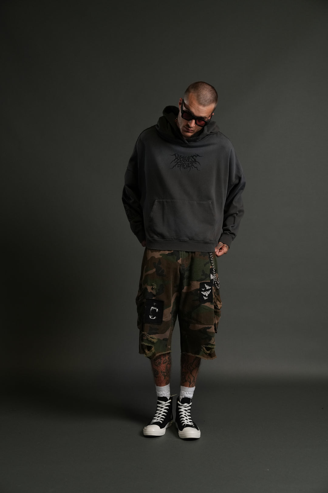 Slasher Destroyed Grunge "Gage Box Cut" Hoodie in Wolf Gray Drift Wash