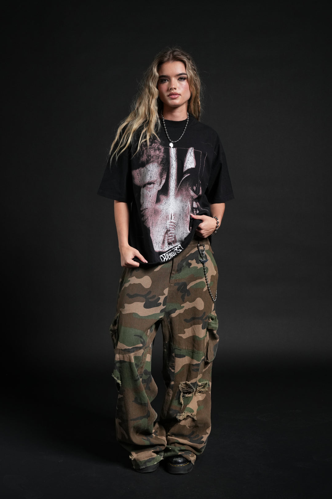Awakened Power Grunge Mid Length Raw Hem Tee in Black
