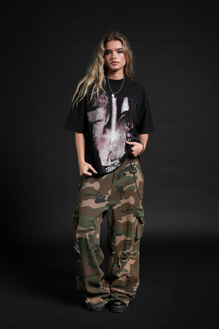 Awakened Power Grunge Mid Length Raw Hem Tee in Black
