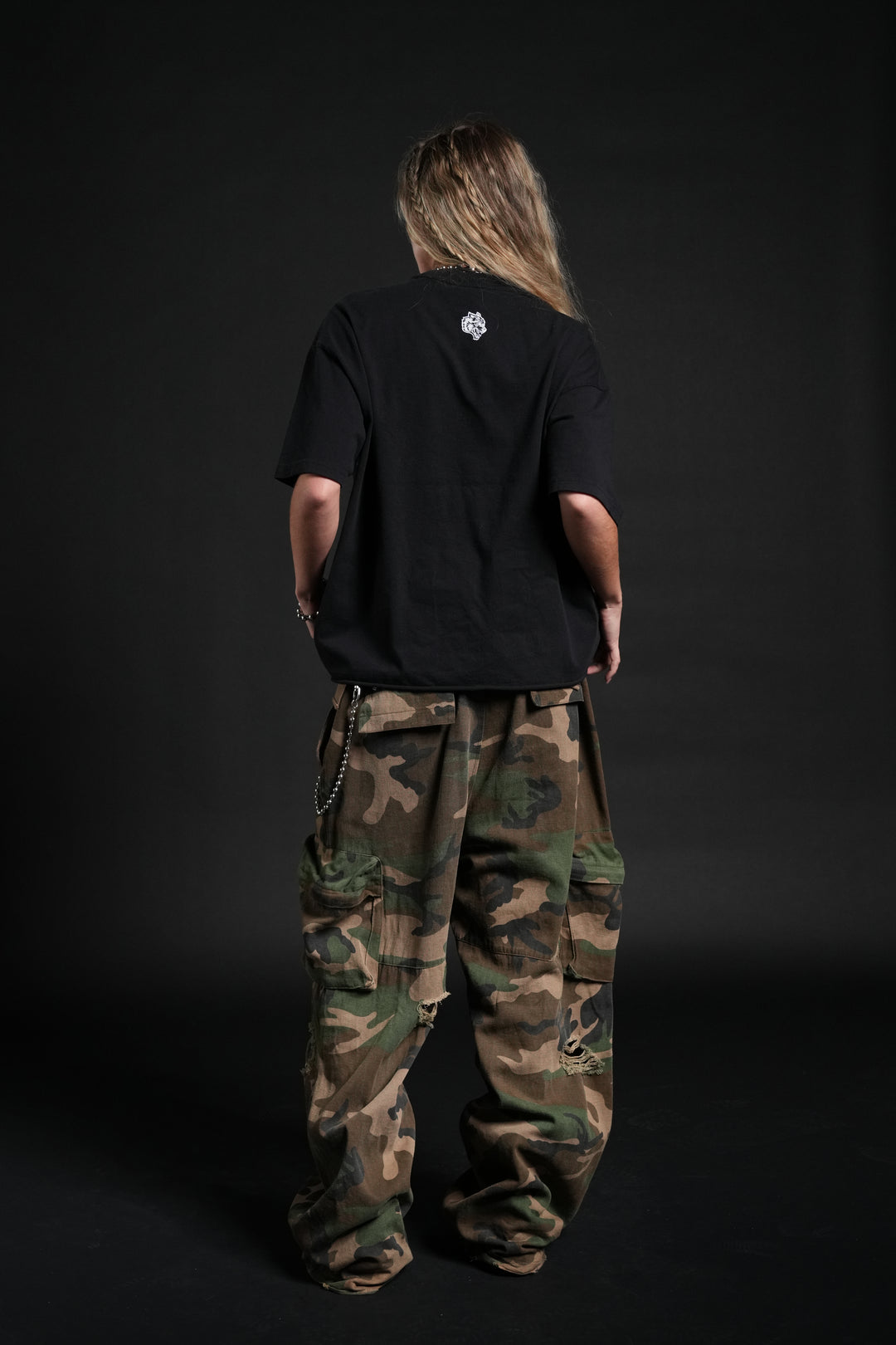 Awakened Power Grunge Mid Length Raw Hem Tee in Black