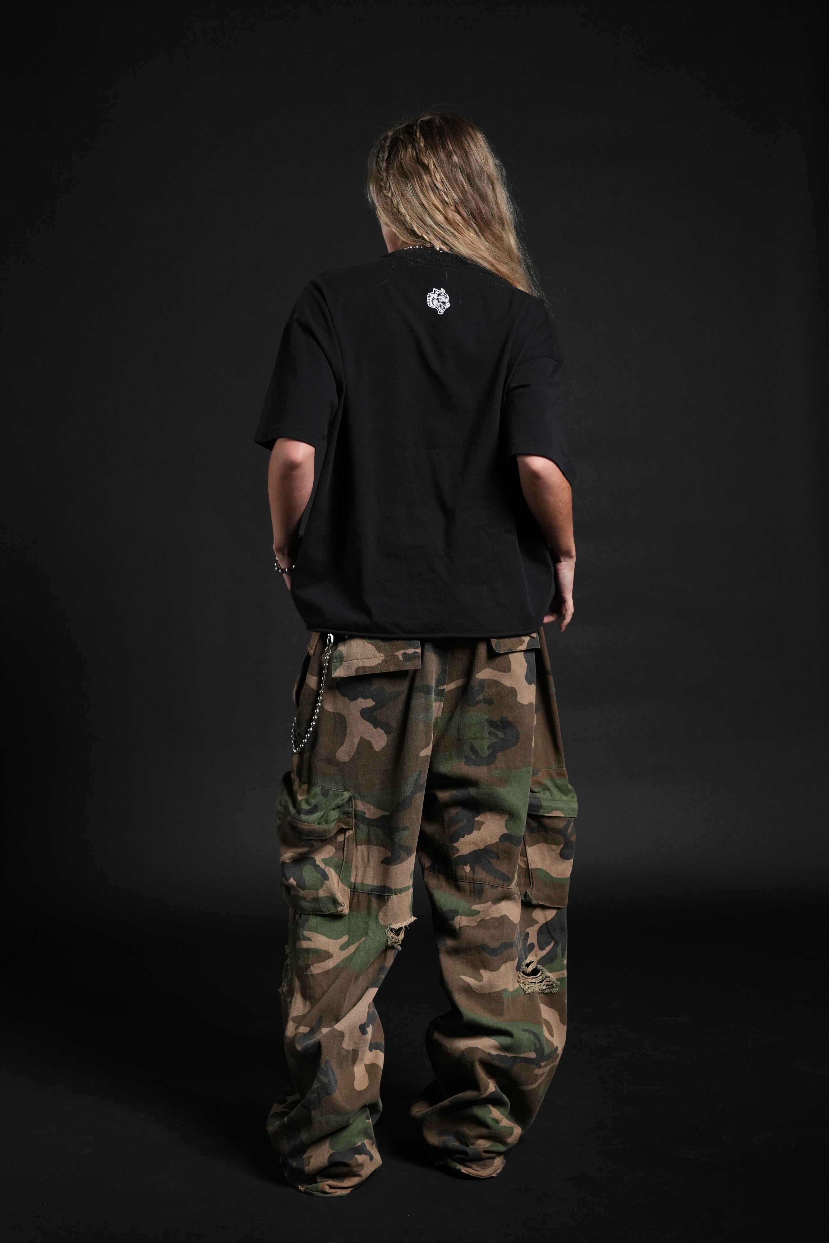 Awakened Power Grunge Mid Length Raw Hem Tee in Black