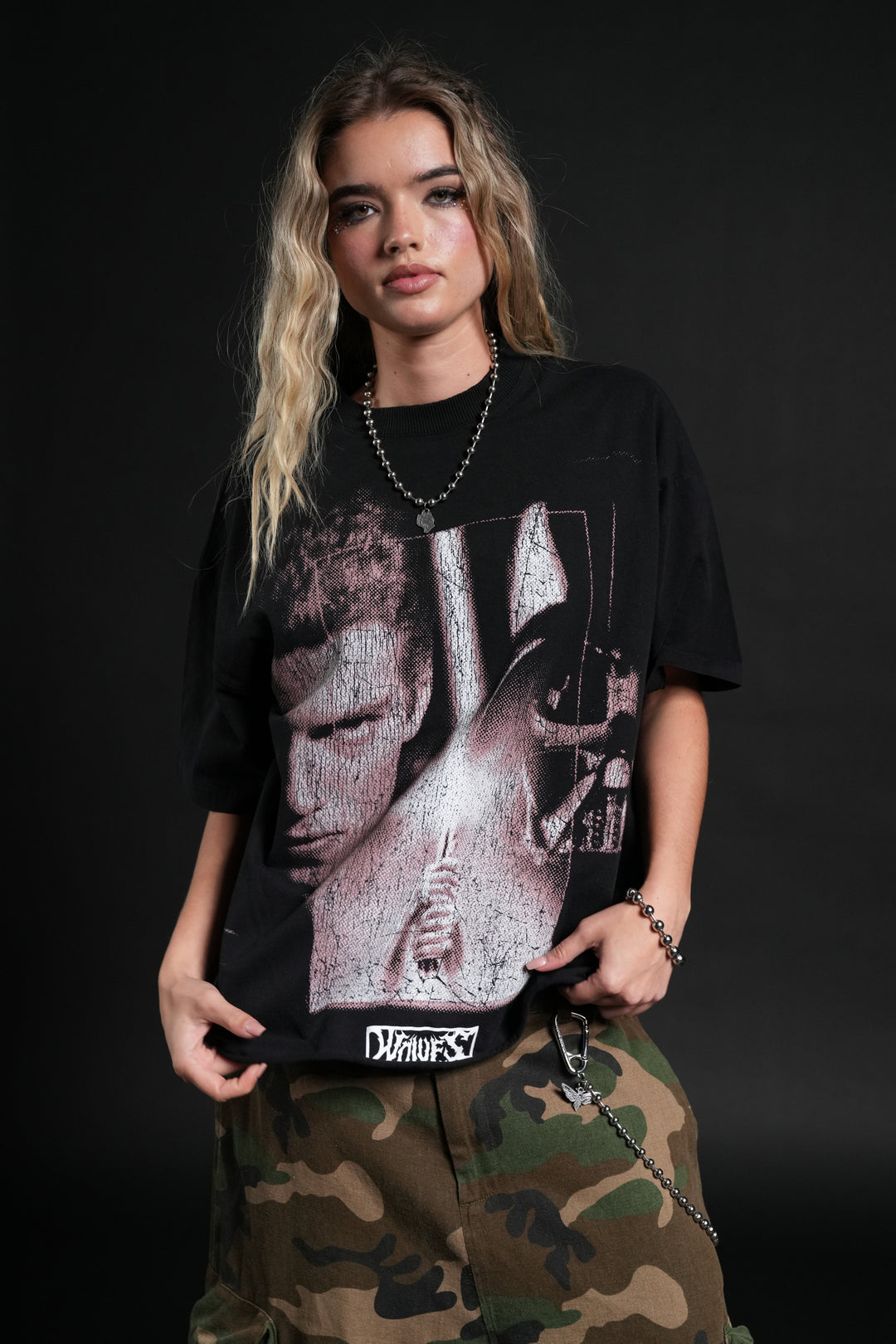 Awakened Power Grunge Mid Length Raw Hem Tee in Black