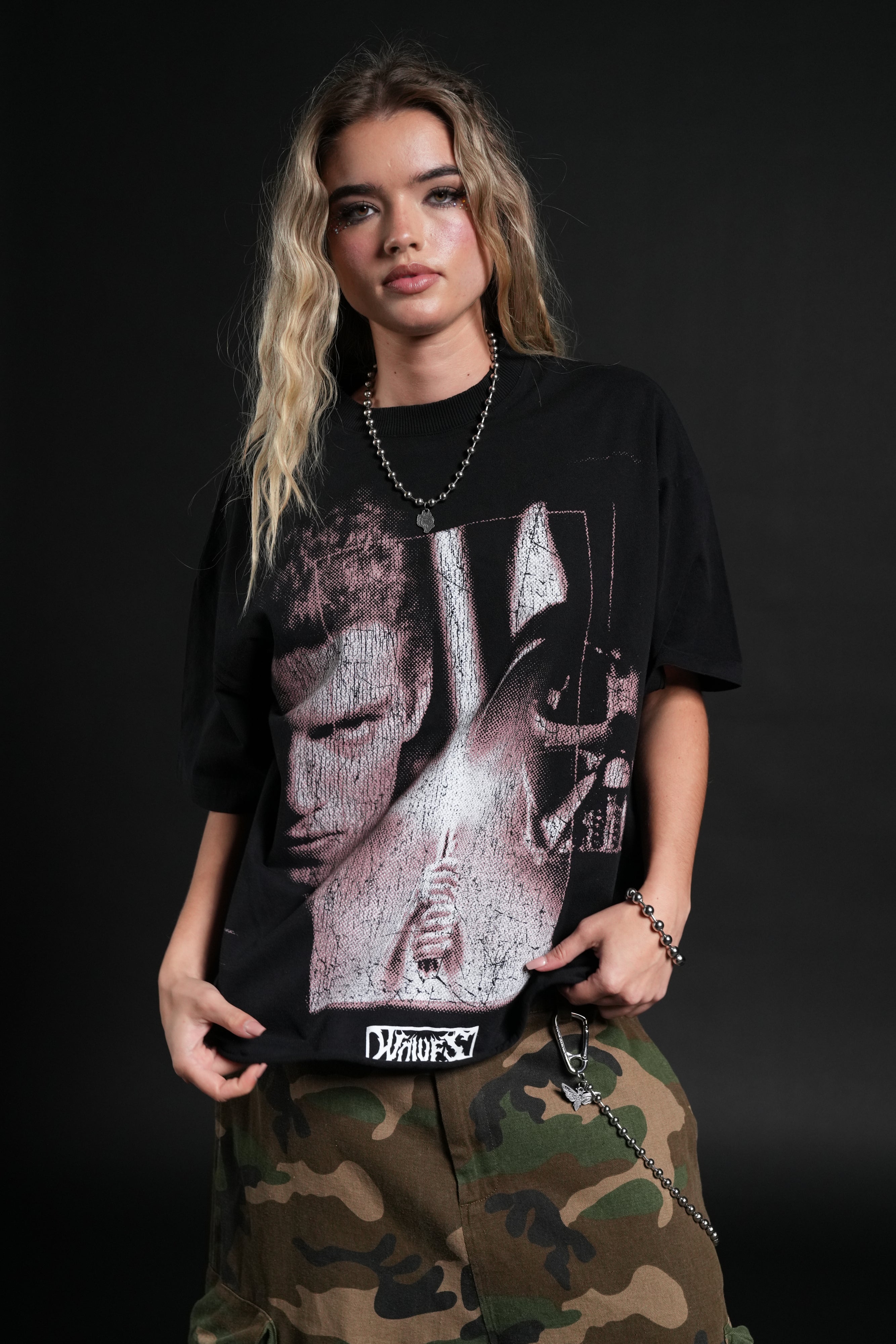Awakened Power Grunge Mid Length Raw Hem Tee in Black