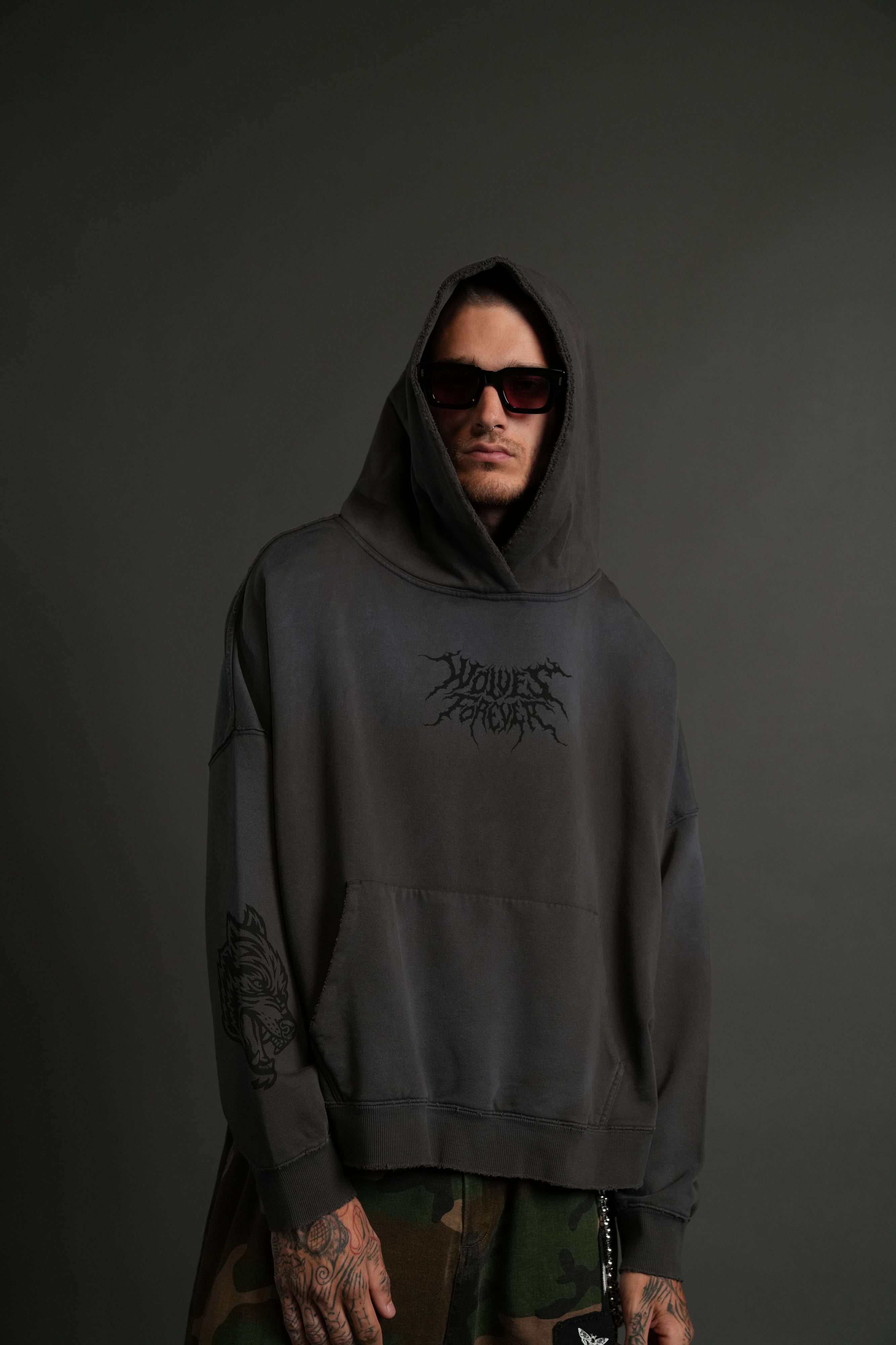 Slasher Destroyed Grunge "Gage Box Cut" Hoodie in Wolf Gray Drift Wash