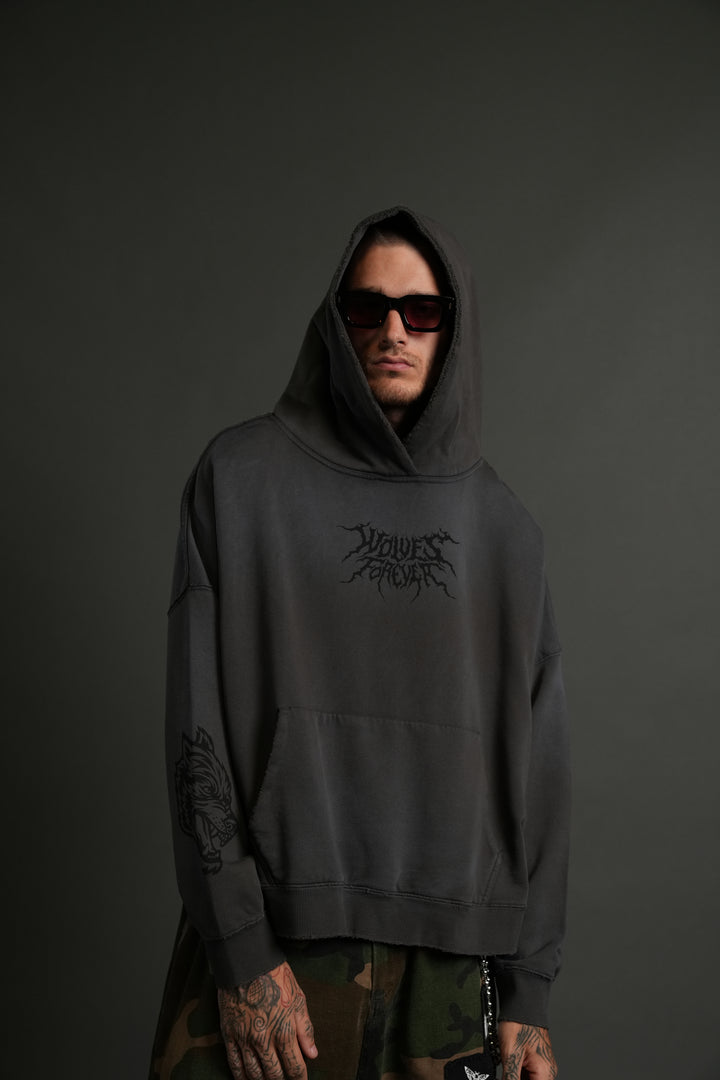 Slasher Destroyed Grunge "Gage Box Cut" Hoodie in Wolf Gray Drift Wash