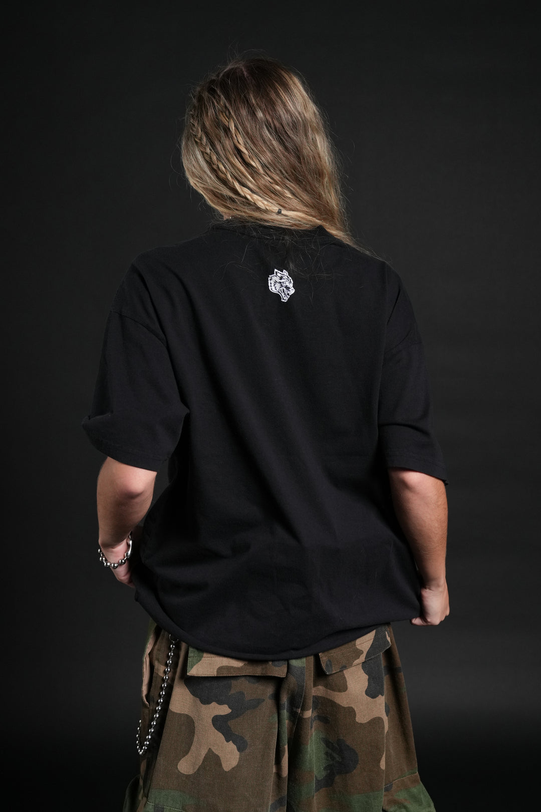 Awakened Power Grunge Mid Length Raw Hem Tee in Black
