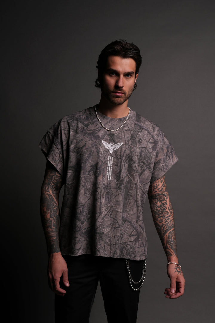 From The Top "Grunge" Cut Off Tee in Driftwood Wolf Forest Camo