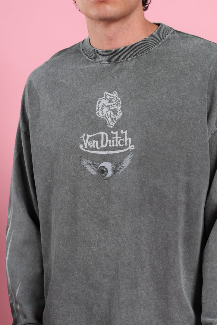 Take-Off Grunge Mid-Length Raw Hem LS Tee in Wolf Gray