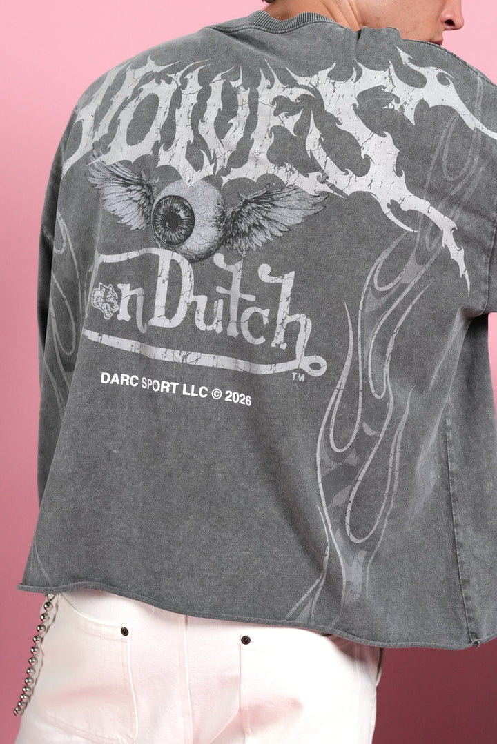Take-Off Grunge Mid-Length Raw Hem LS Tee in Wolf Gray