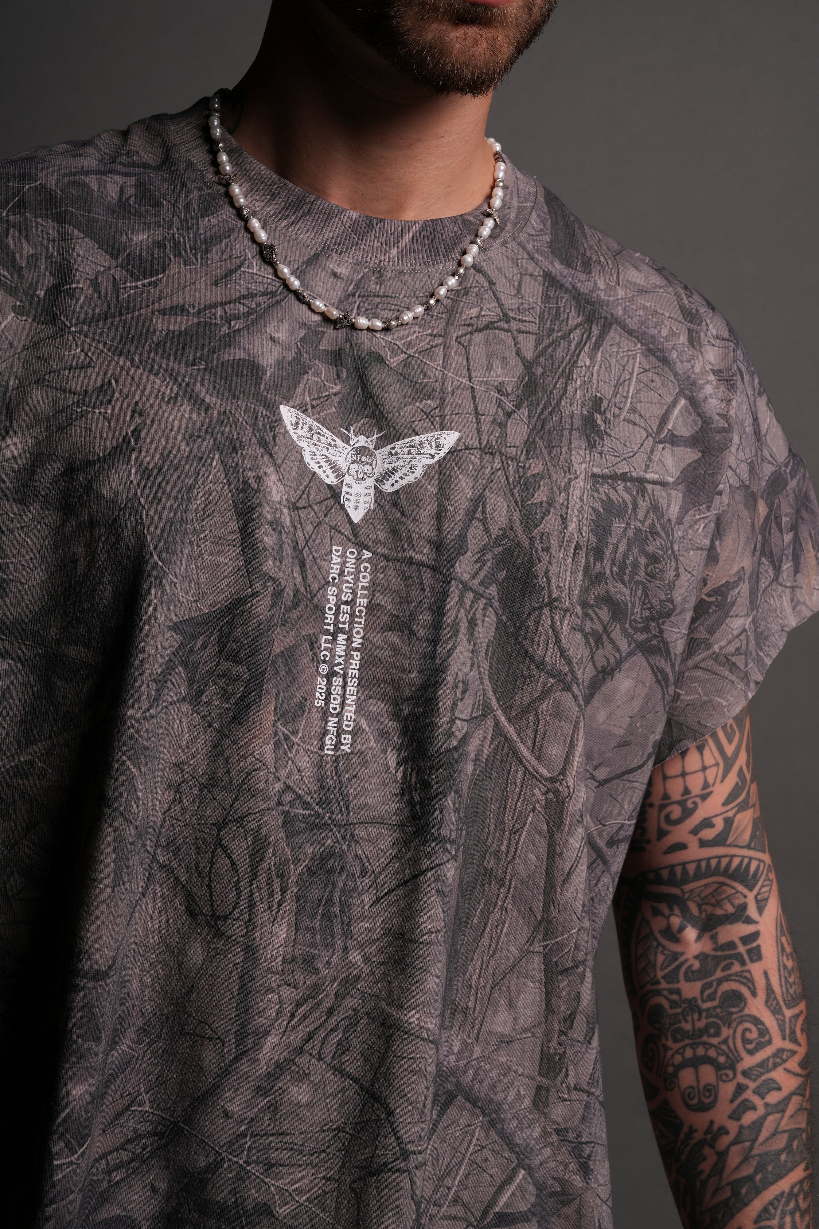 From The Top "Grunge" Cut Off Tee in Driftwood Wolf Forest Camo