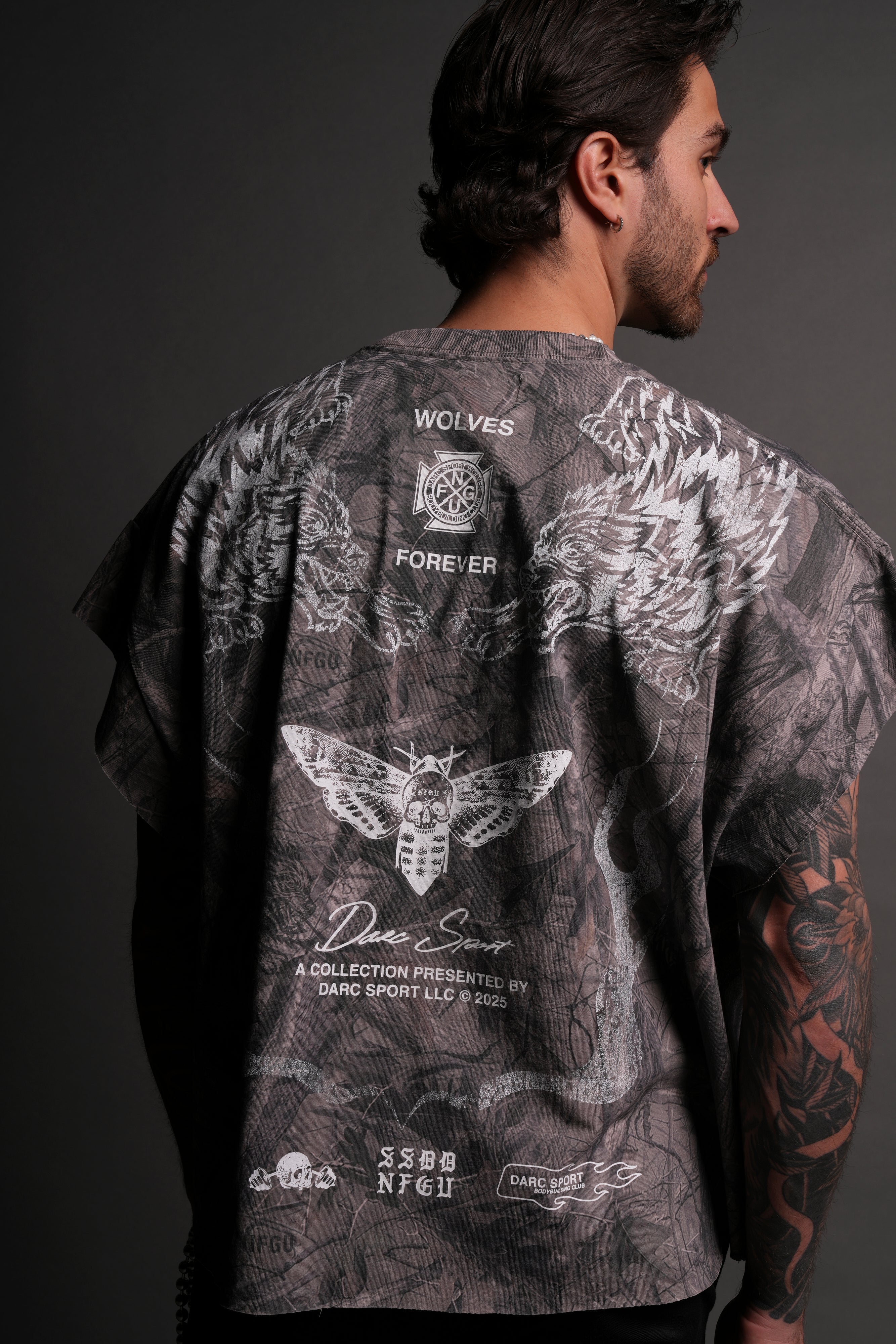 From The Top "Grunge" Cut Off Tee in Driftwood Wolf Forest Camo