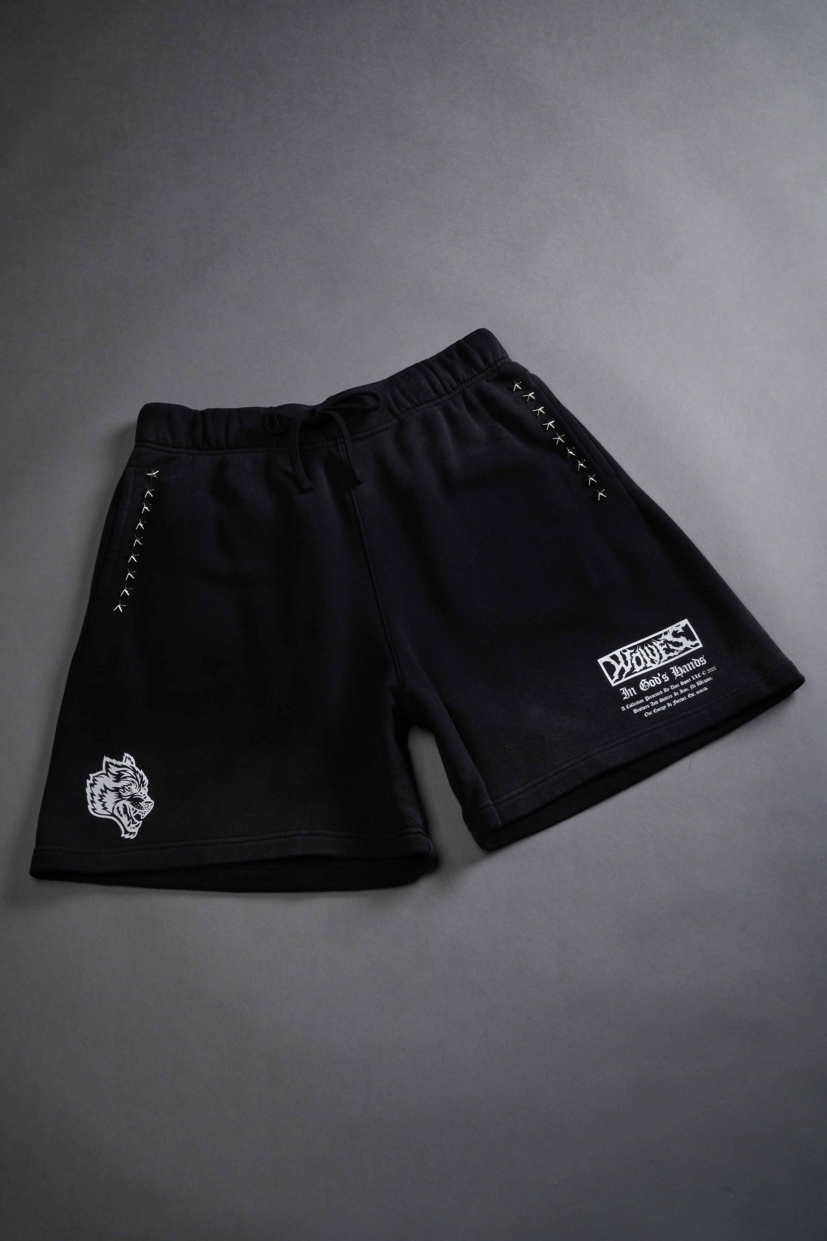 Studded Midnight Wolves Oversized Post Lounge Sweat Shorts in Black Drift Wash