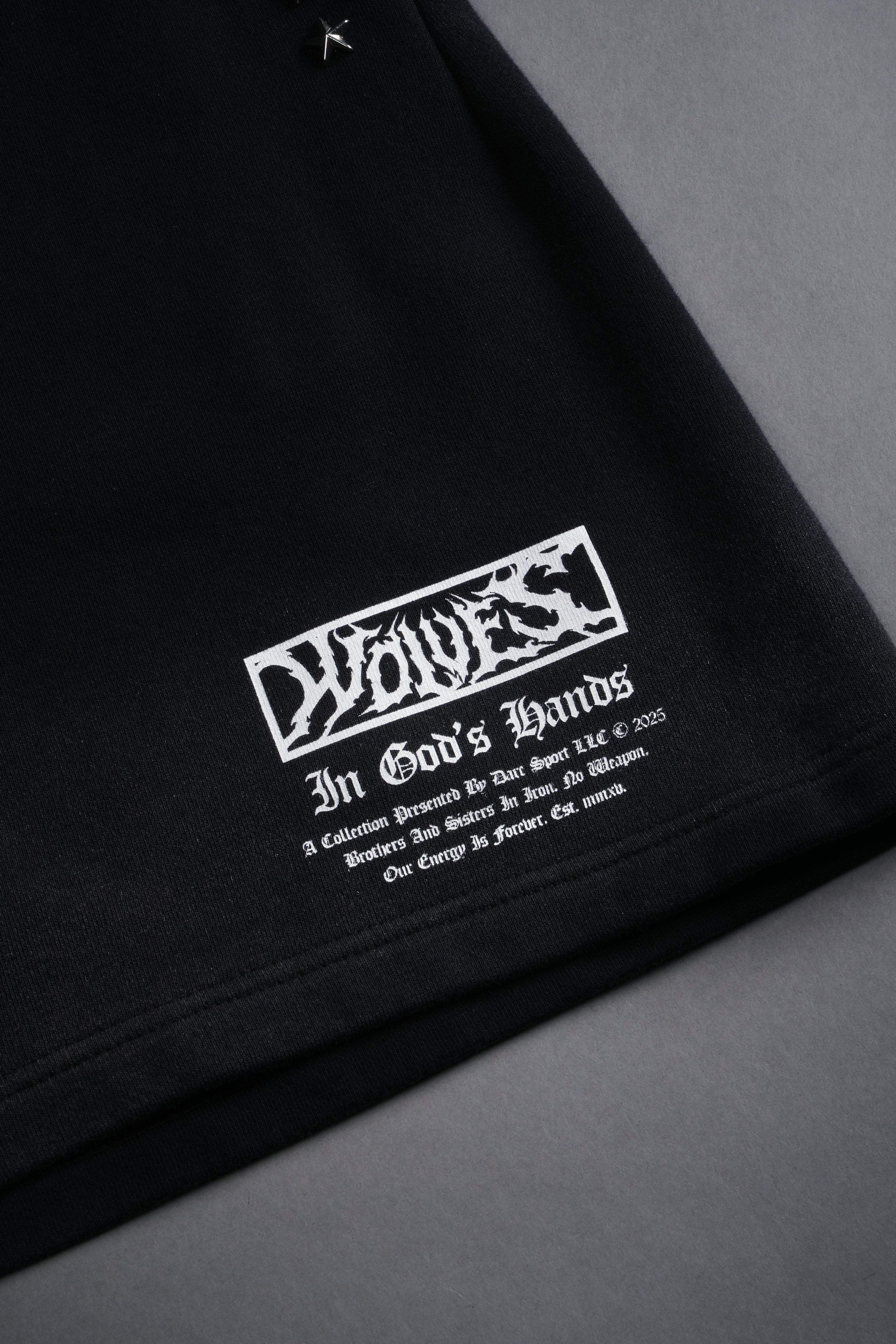 Studded Midnight Wolves Oversized Post Lounge Sweat Shorts in Black Drift Wash