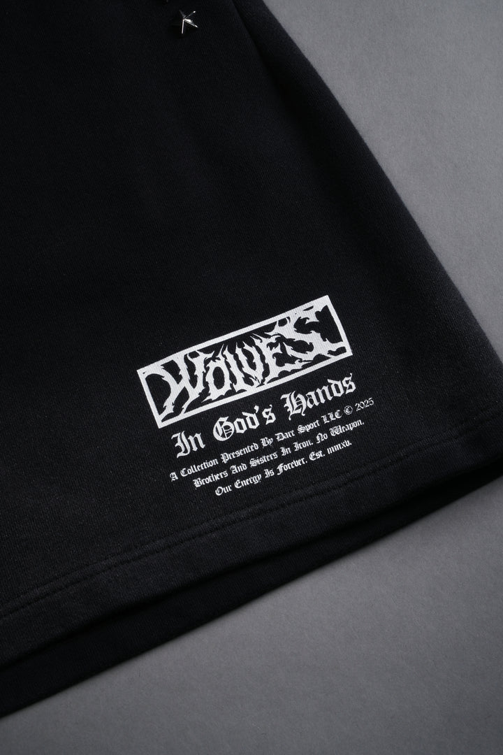 Studded Midnight Wolves Oversized Post Lounge Sweat Shorts in Black Drift Wash