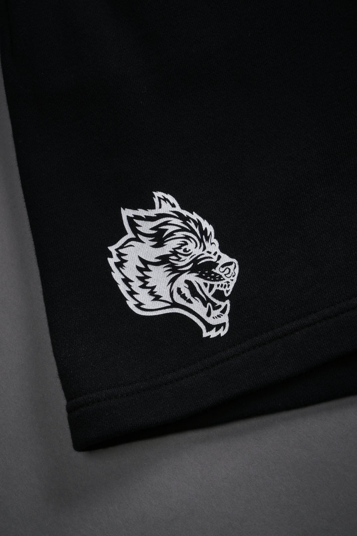 Studded Midnight Wolves Oversized Post Lounge Sweat Shorts in Black Drift Wash