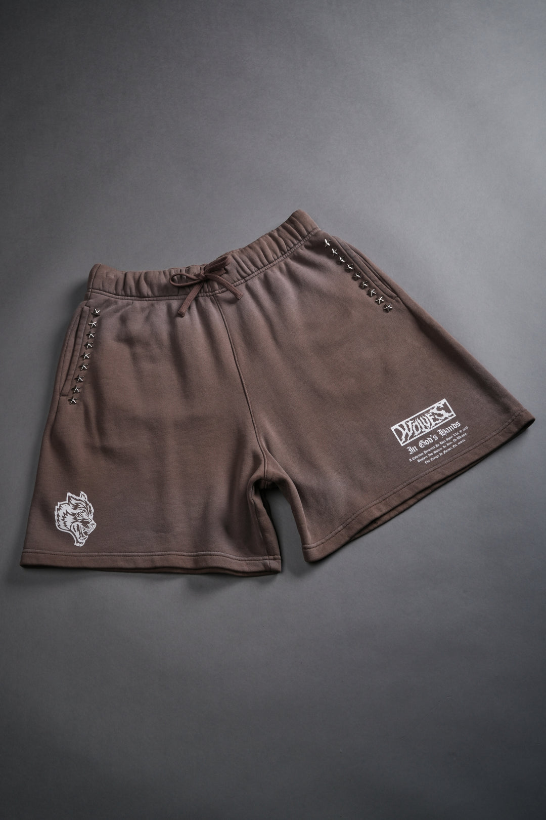 Studded Midnight Wolves Oversized Post Lounge Sweat Shorts in Mojave Brown Drift Wash