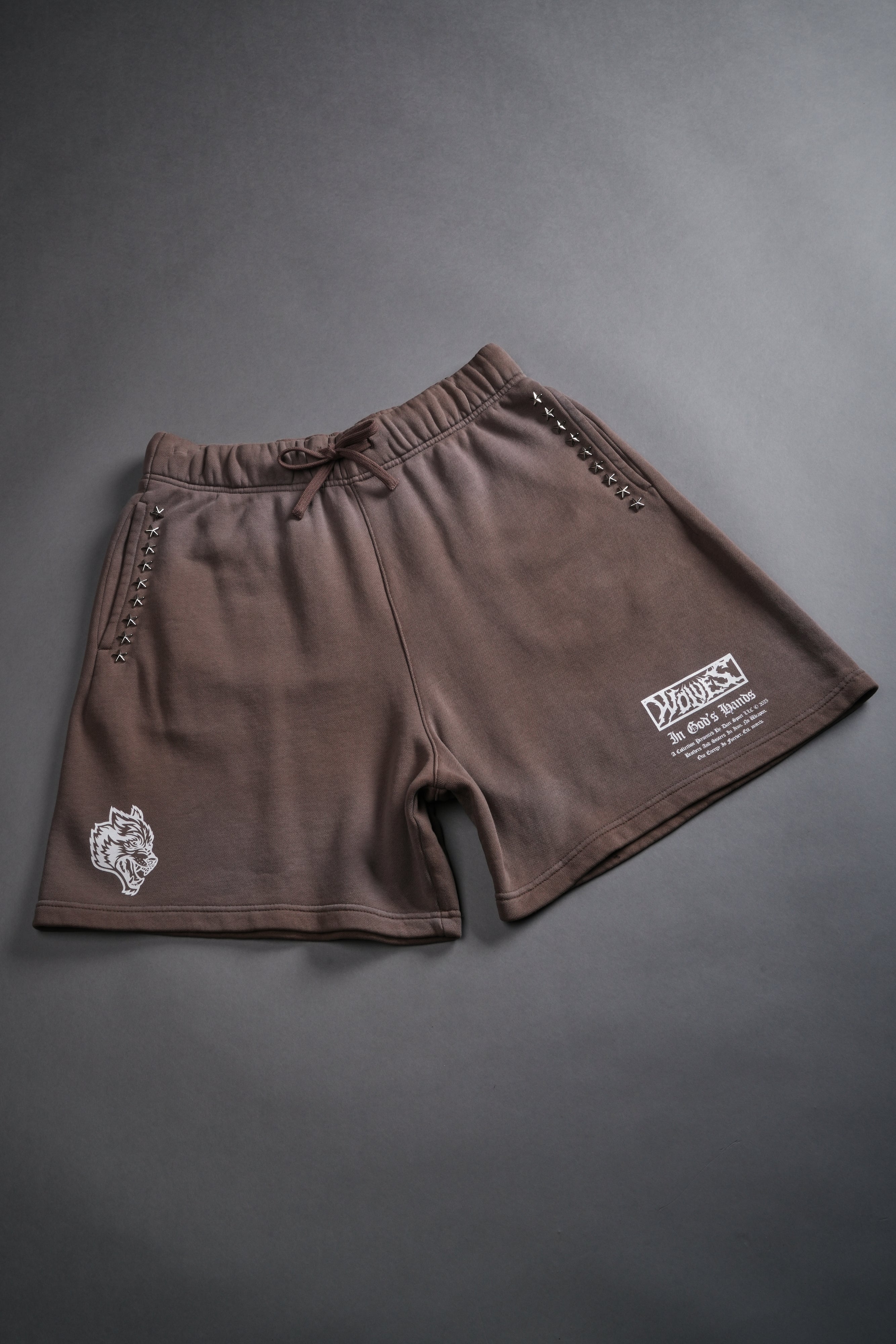 Studded Midnight Wolves Oversized Post Lounge Sweat Shorts in Mojave Brown Drift Wash