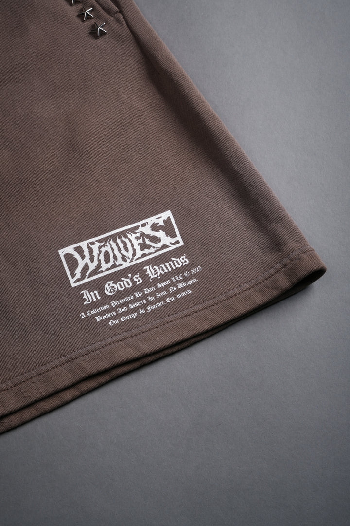 Studded Midnight Wolves Oversized Post Lounge Sweat Shorts in Mojave Brown Drift Wash