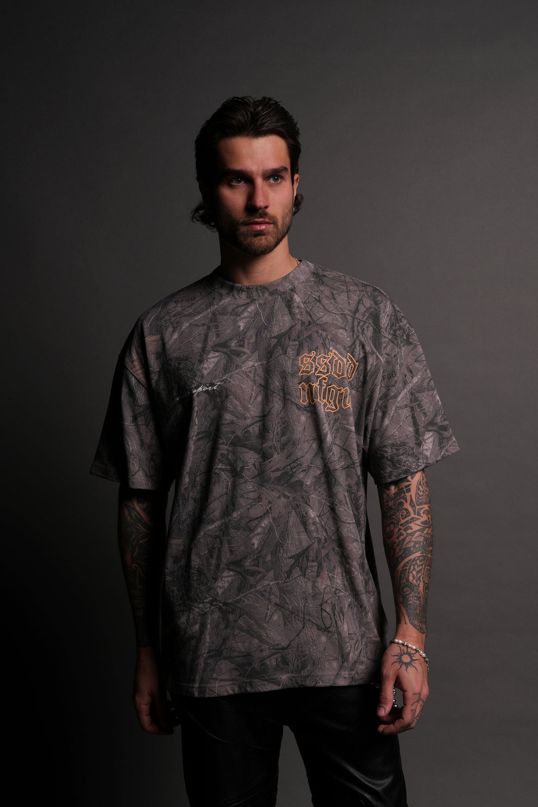 New Beginnings "Premium" Oversized Tee in Driftwood Wolf Forest Camo