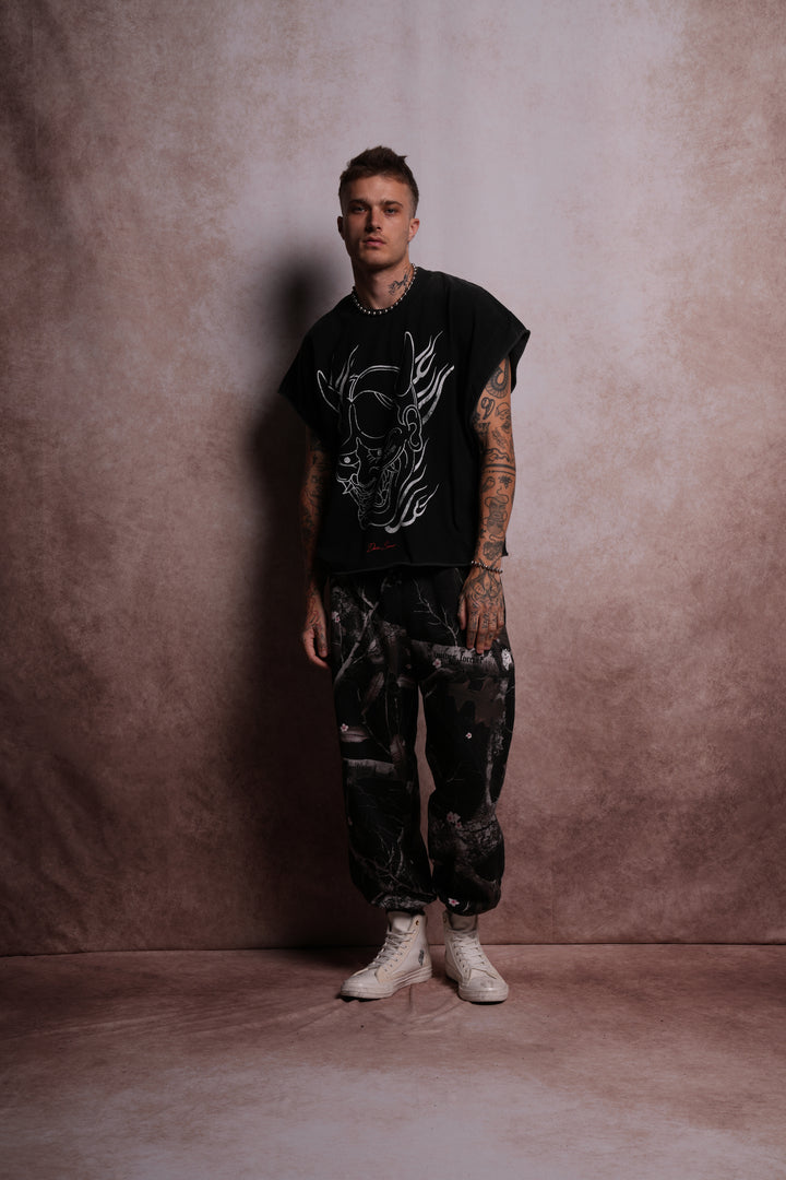 Oni Fire Grunge Cut-Off Tee in Black