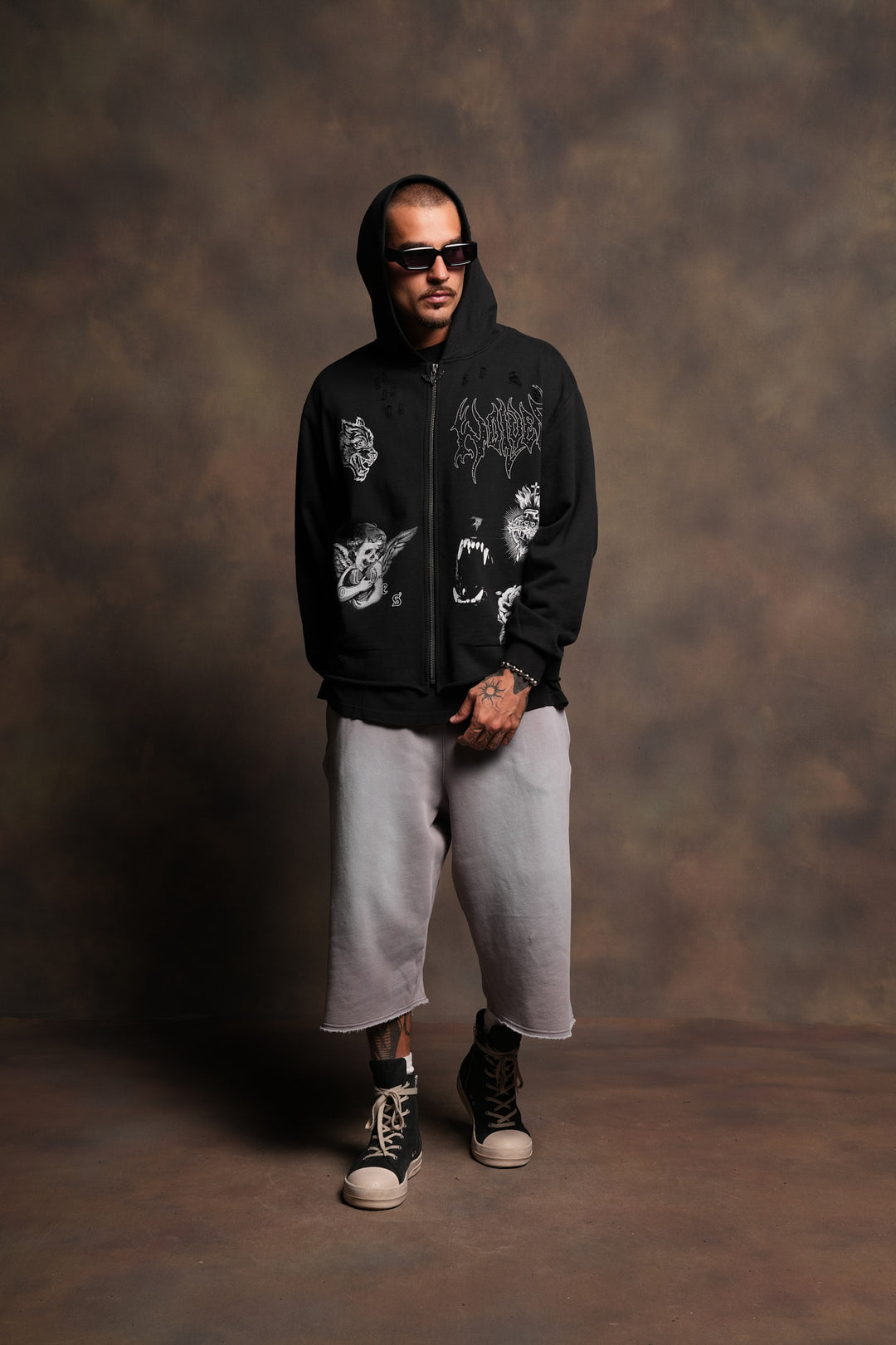 Darc Heaven Distressed Grunge Mid Length Raw Hem Zip Hoodie In Black