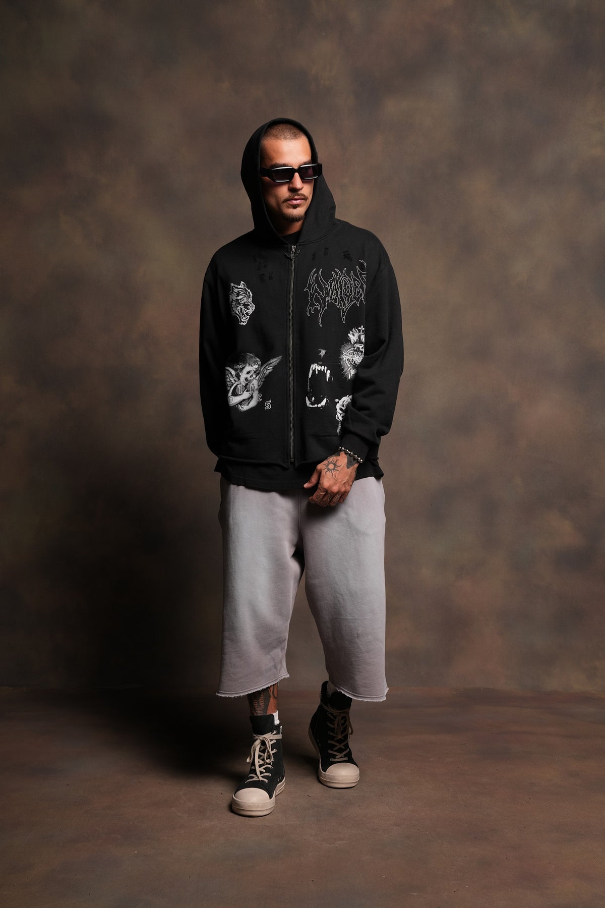 Darc Heaven Distressed Grunge Mid Length Raw Hem Zip Hoodie In Black