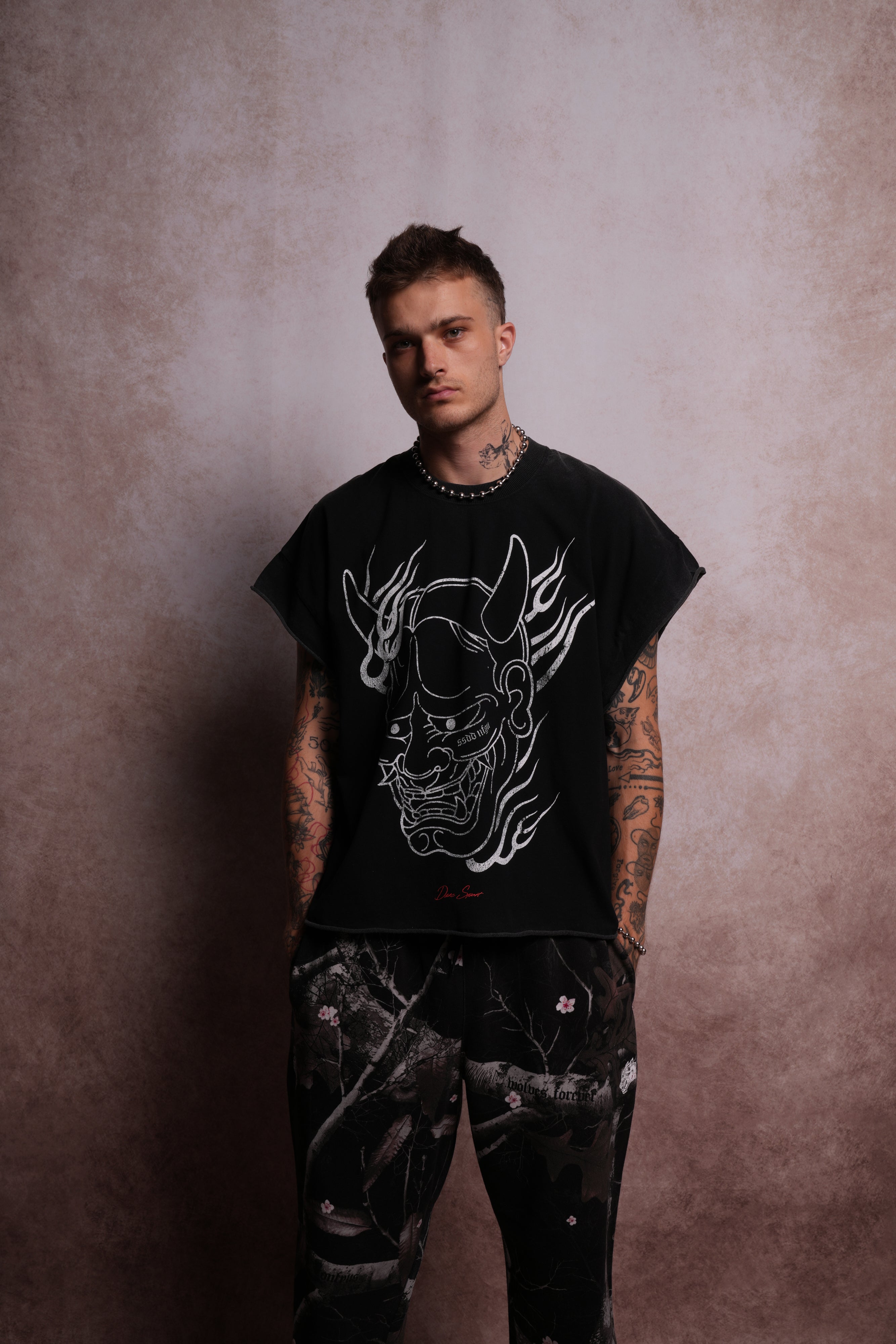 Oni Fire Grunge Cut-Off Tee in Black