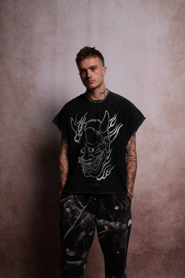 Oni Fire Grunge Cut-Off Tee in Black