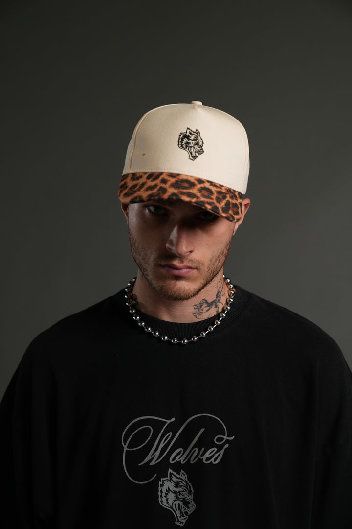 Wolf Head 5 Panel Hat in Cream/Clay Leopard