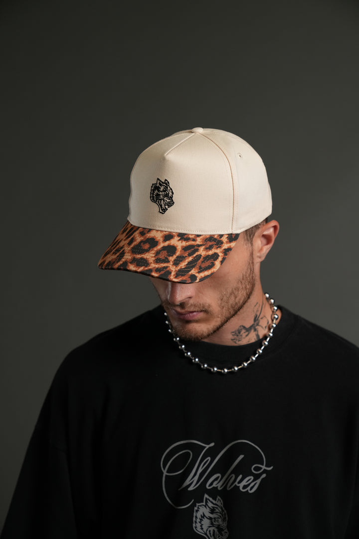 Wolf Head 5 Panel Hat in Cream/Clay Leopard