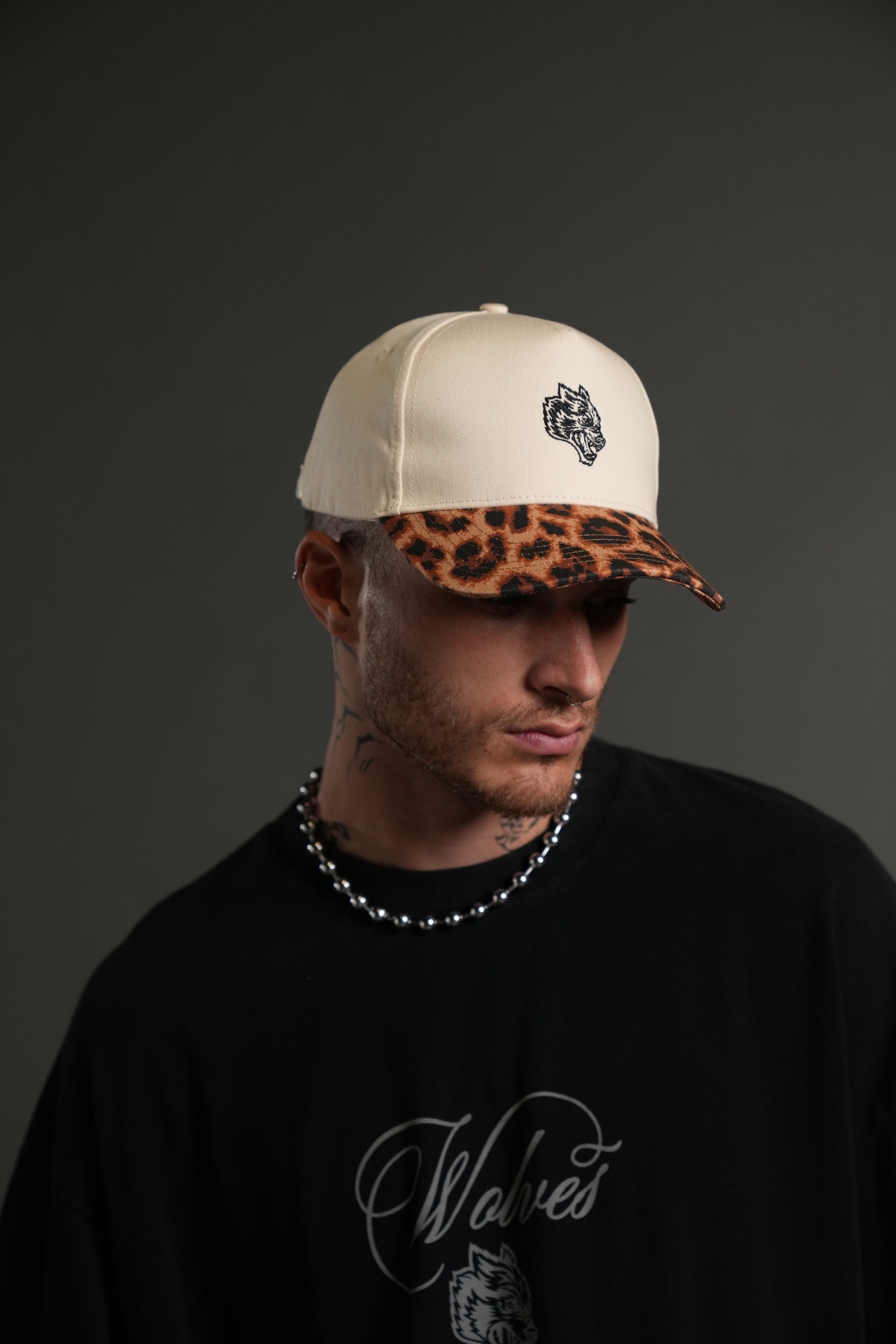 Wolf Head 5 Panel Hat in Cream/Clay Leopard