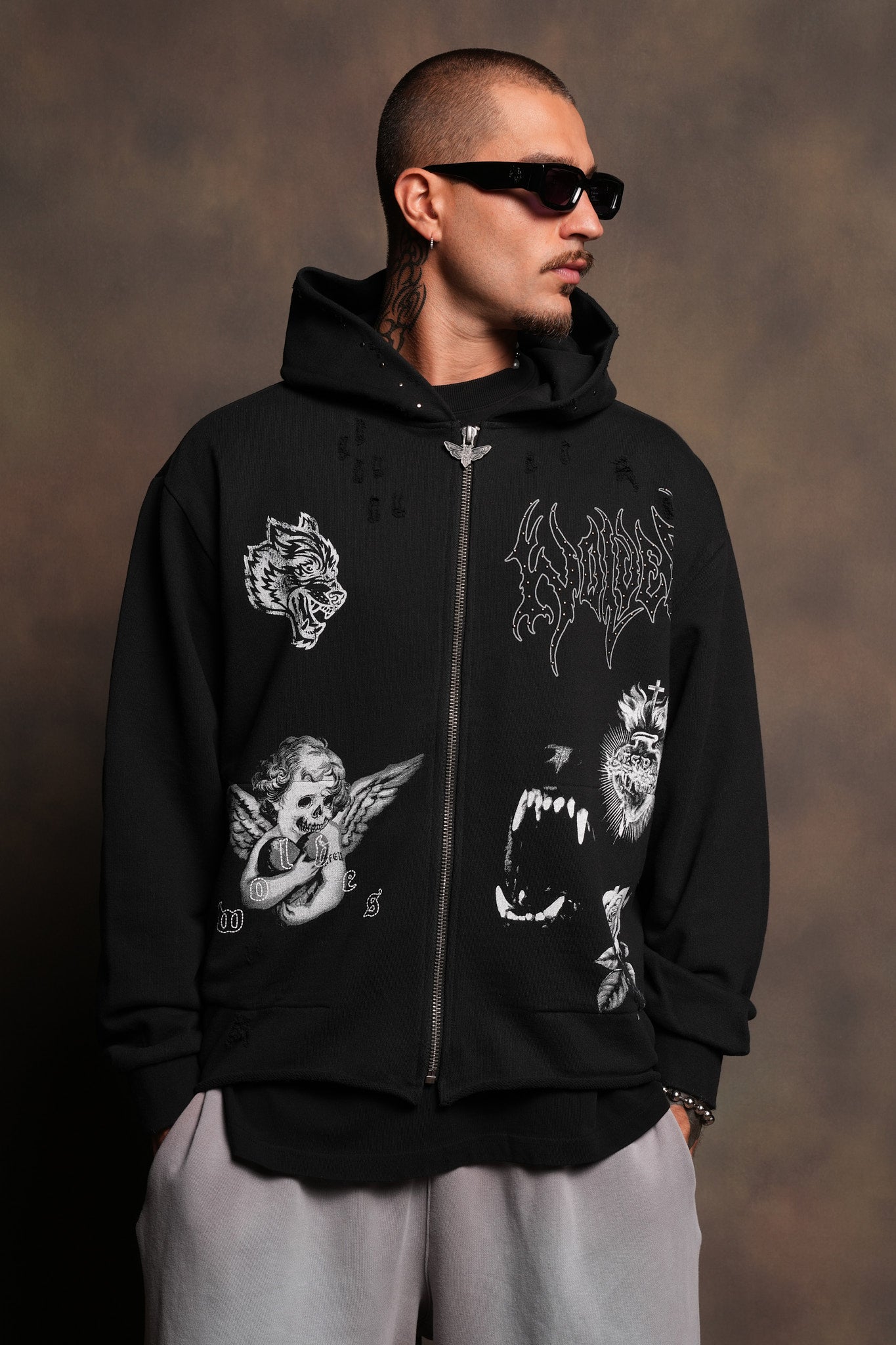 Darc Heaven Distressed Grunge Mid Length Raw Hem Zip Hoodie In