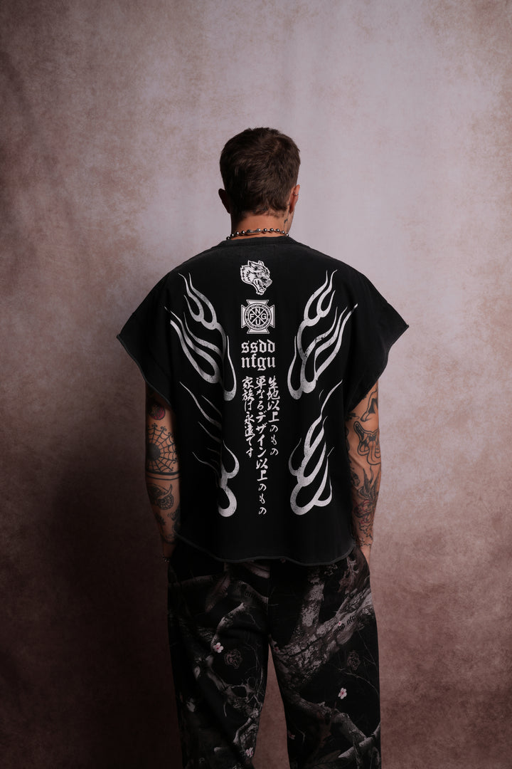 Oni Fire Grunge Cut-Off Tee in Black