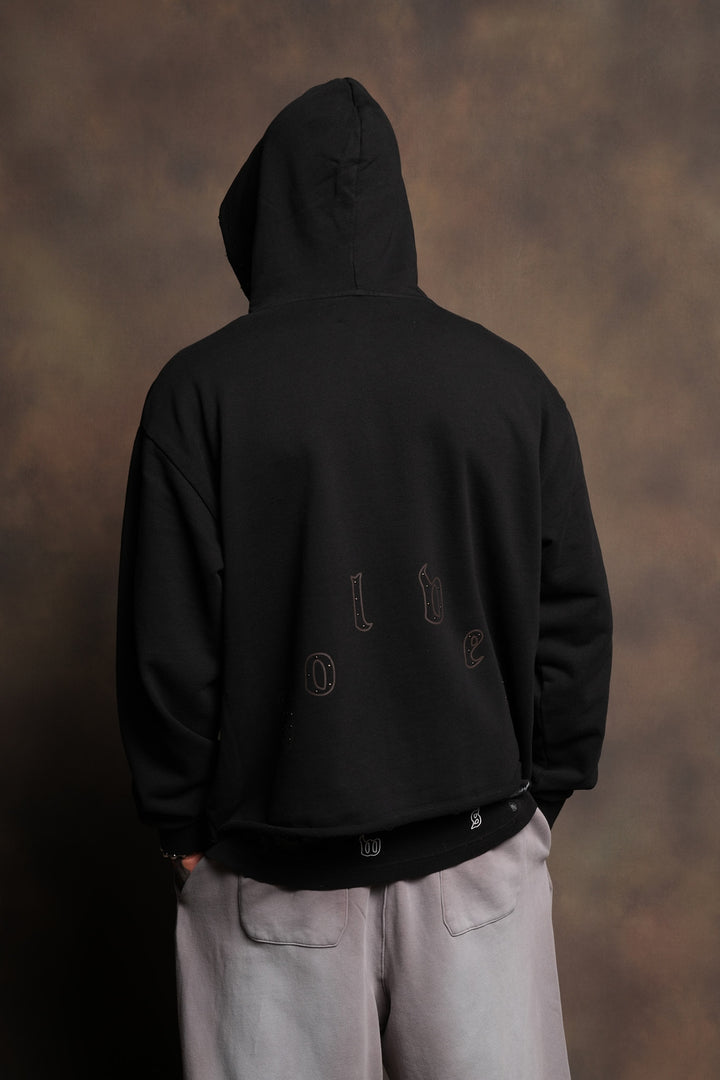 Darc Heaven Distressed Grunge Mid Length Raw Hem Zip Hoodie In Black