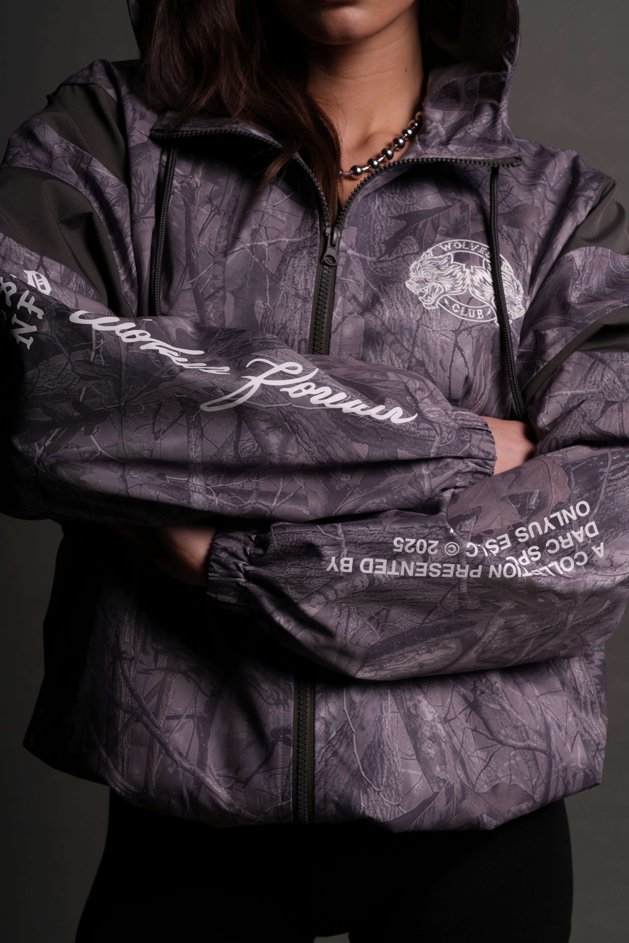 Iron Core Brolic Unisex Track Jacket in Driftwood Wolf Forest Camo