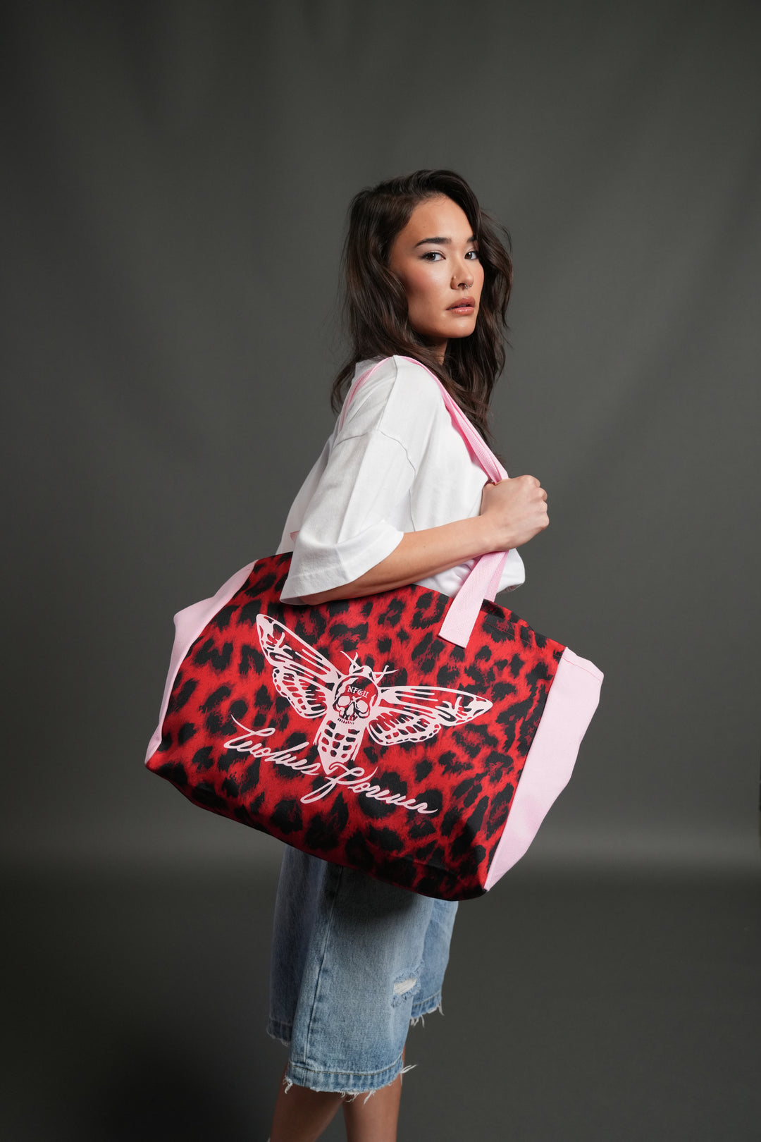 Moth Forever Canvas Tote in Red Leopard/Cloud Pink