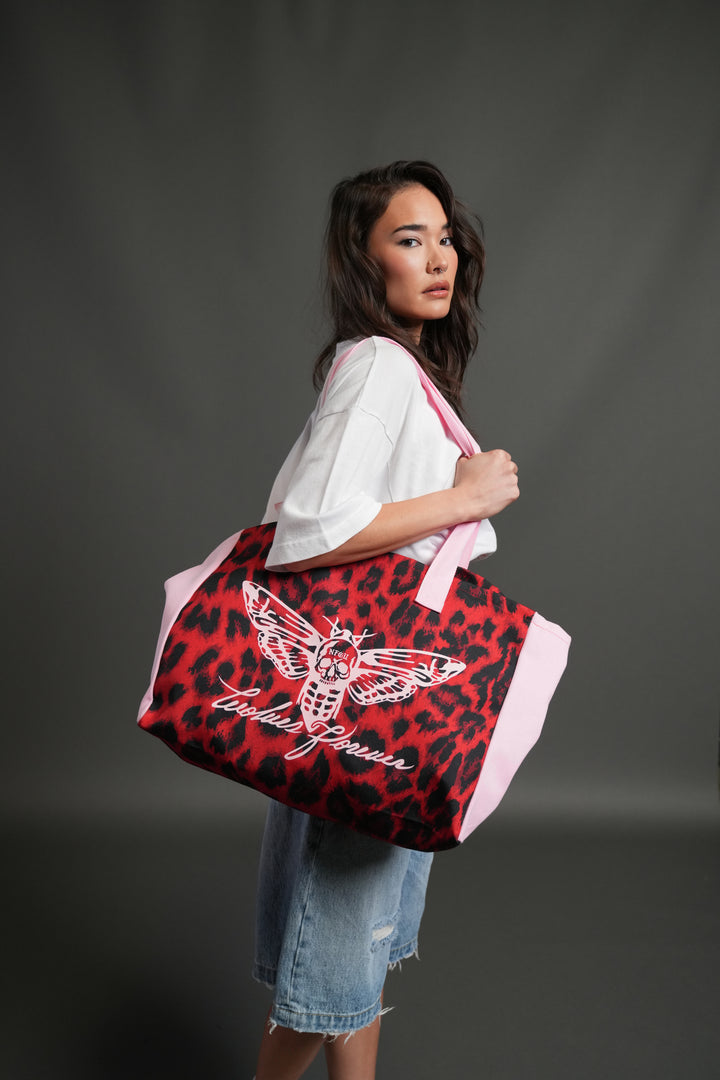 Moth Forever Canvas Tote in Red Leopard/Cloud Pink